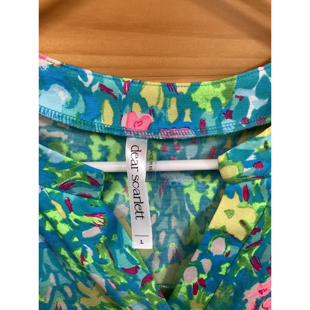 Dear Scarlett Lizzy-56 Floral V-Neck Roll Tab Sleeve Blouse Blue Pink Green L - Picture 4 of 7